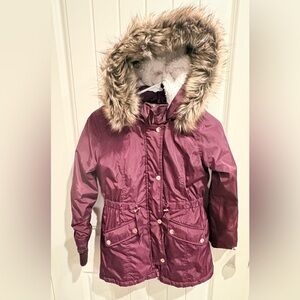 Kids Maroon Hooded Jacket with Faux Fur Trim